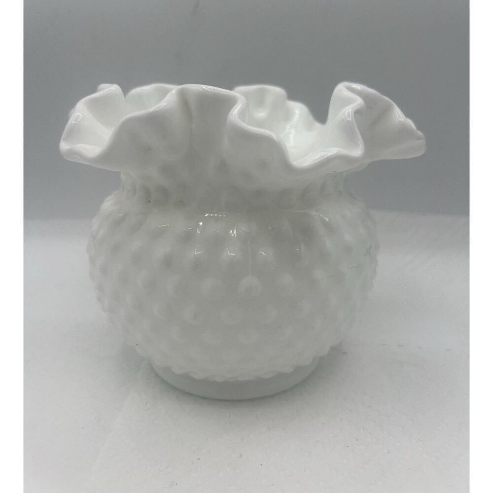 Vintage Fenton Hobnail Milk Glass Vase Ruffled Rim White 5 1/8” Signed